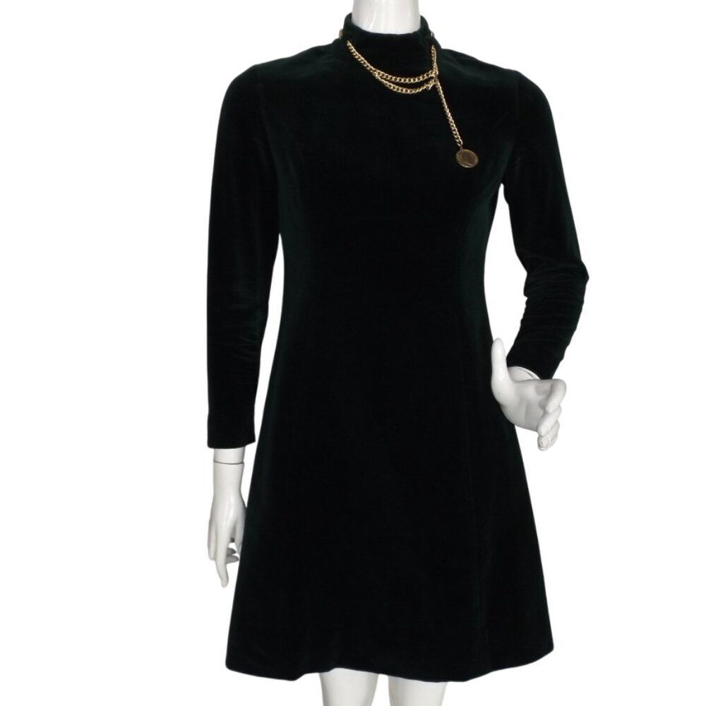 LEO NARDUCCI Mod Dress, 6, Dark Green Velvet, Long sleeve, Necklace, VINTAGE 60s